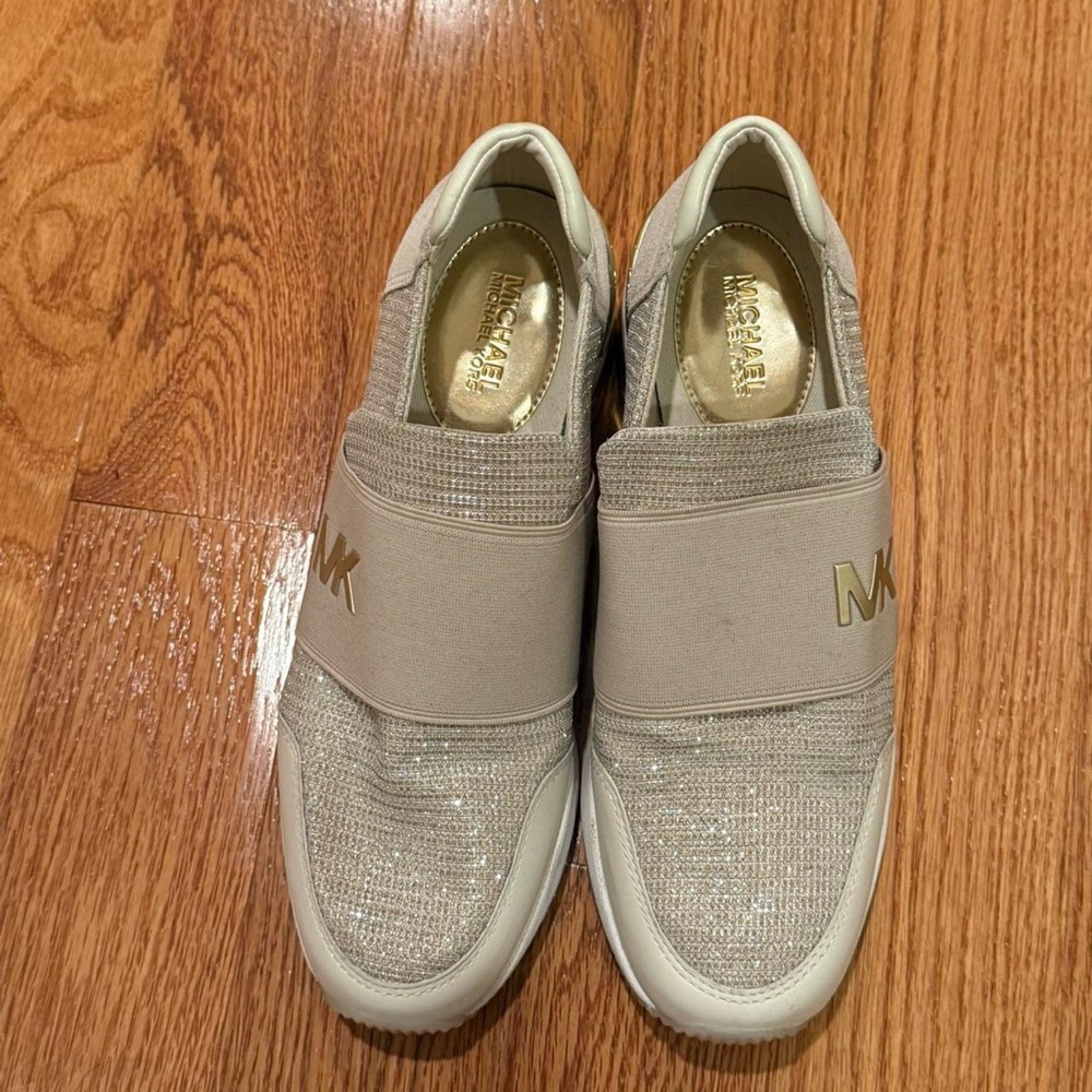 Michael Kors Light Tan and Gold Slip-On Sneakers